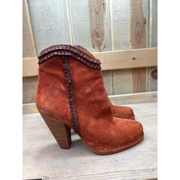 Frye Womens 7M Burnt Orange Suede Western Heeled Fall Ankle Boots - Picture 1 of 12